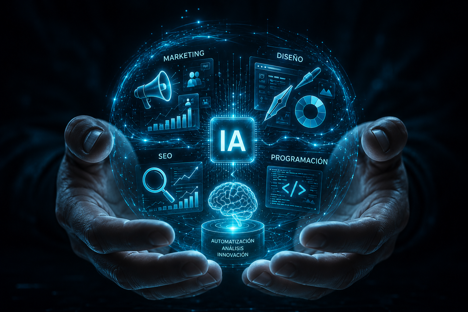 Manos sosteniendo una esfera holográfica de IA conectada a marketing, diseño, SEO y programación